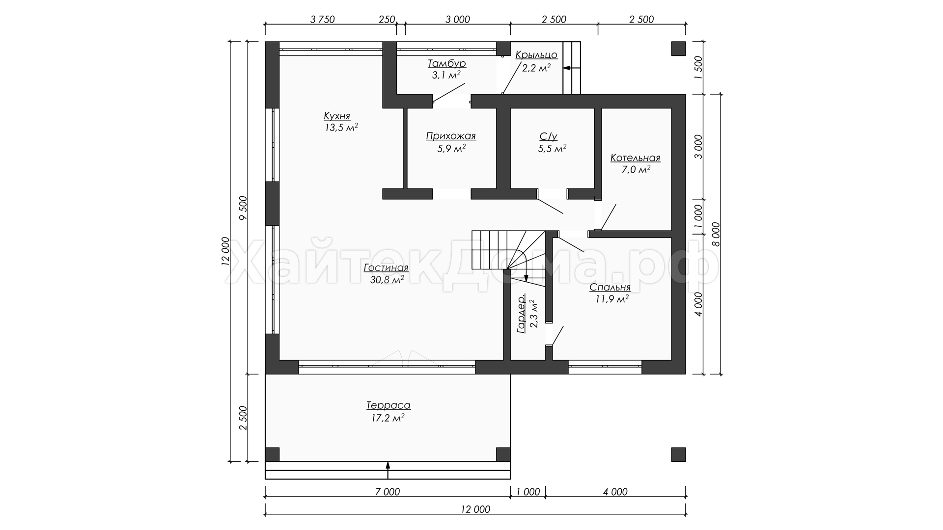 Планировка 1 этажа – Двухэтажный дом хай-тек 195 м²